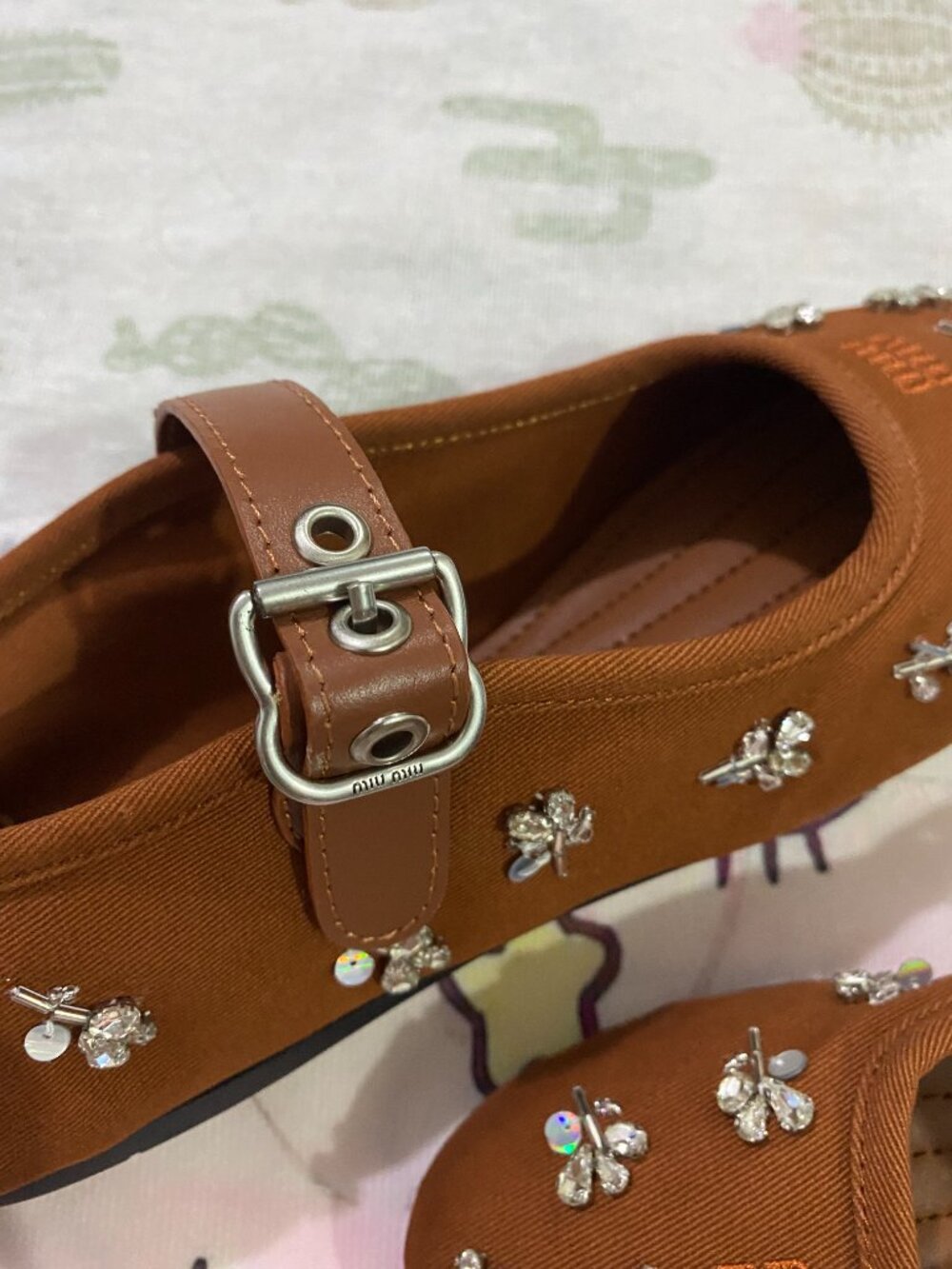 Miu Miu Embroidered Twill Ballet Mary Jane Flats - Picture 8 of 9
